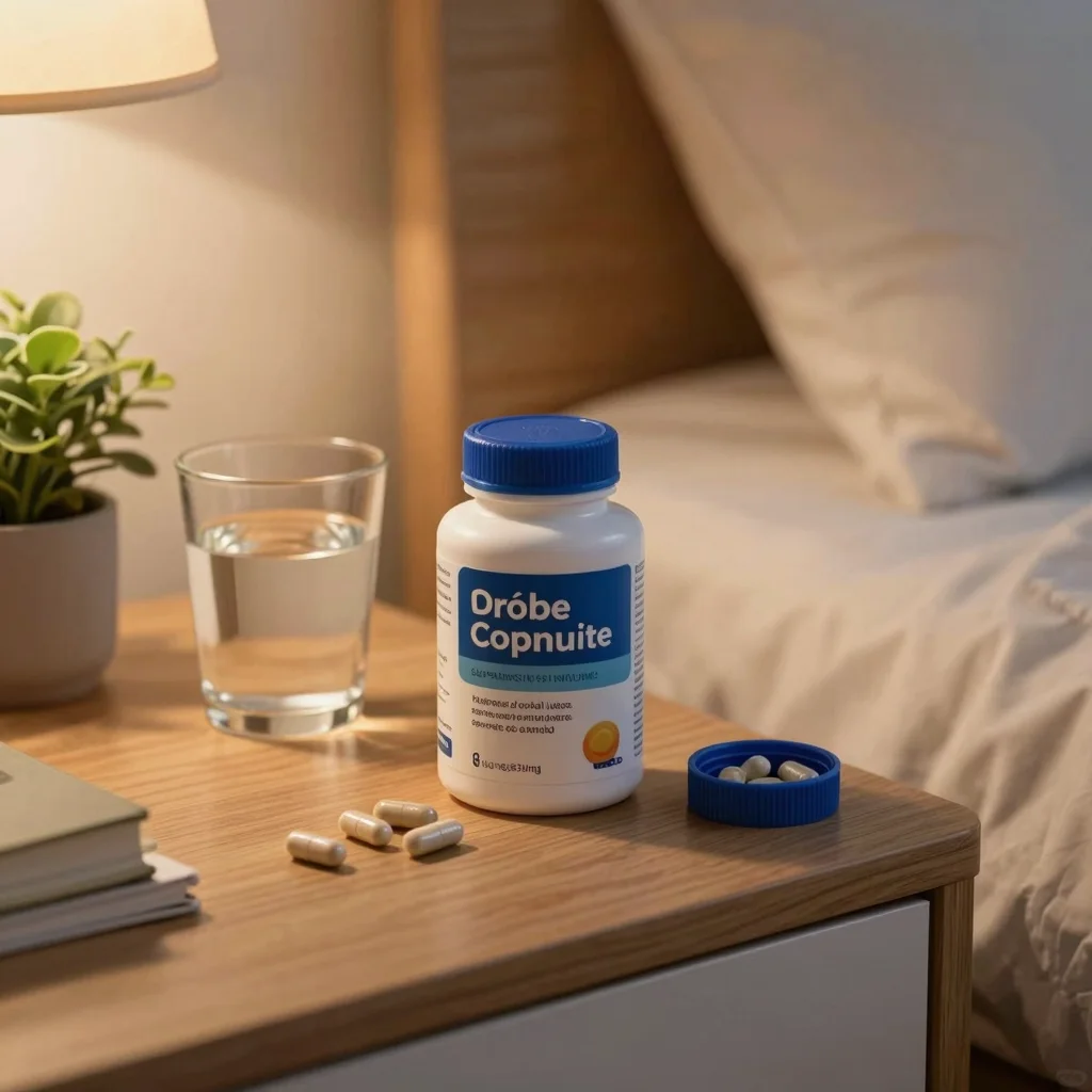 Suplementos para dormir en una mesita de noche con vaso de agua y luz cálida relajante