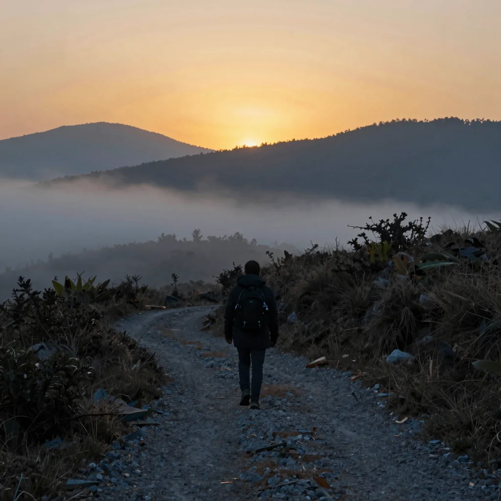 Persona cruzando un valle al amanecer como símbolo de superar el valle de la decepción.