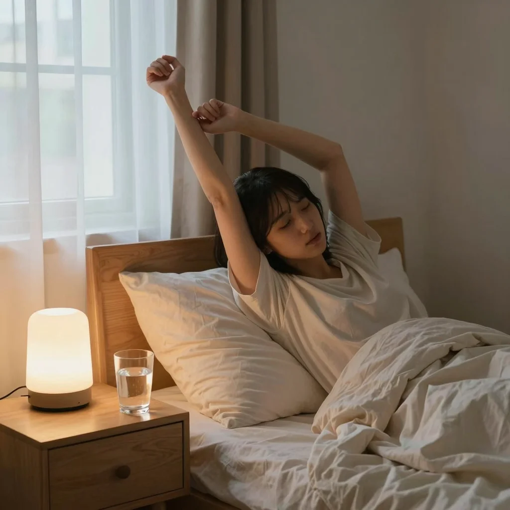 Persona estirándose al amanecer para vencer el sueño al despertar con una rutina matutina saludable