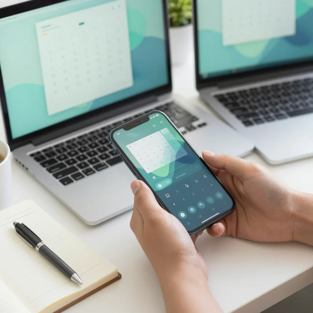 Persona usando apps para gestionar tiempo en móvil y portátil, con agenda visual y ambiente ordenado