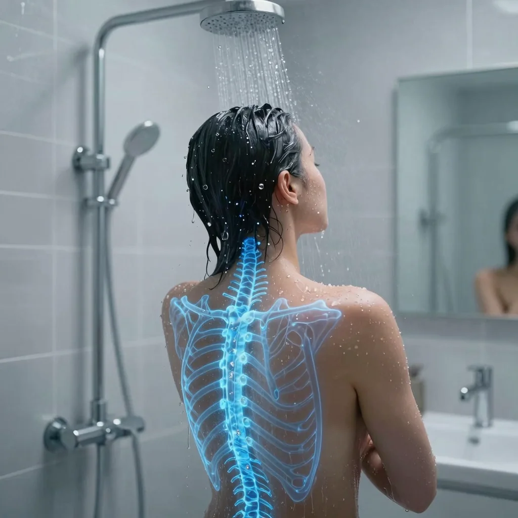 Persona bajo una ducha fría con líneas del sistema nervioso iluminadas en azul.