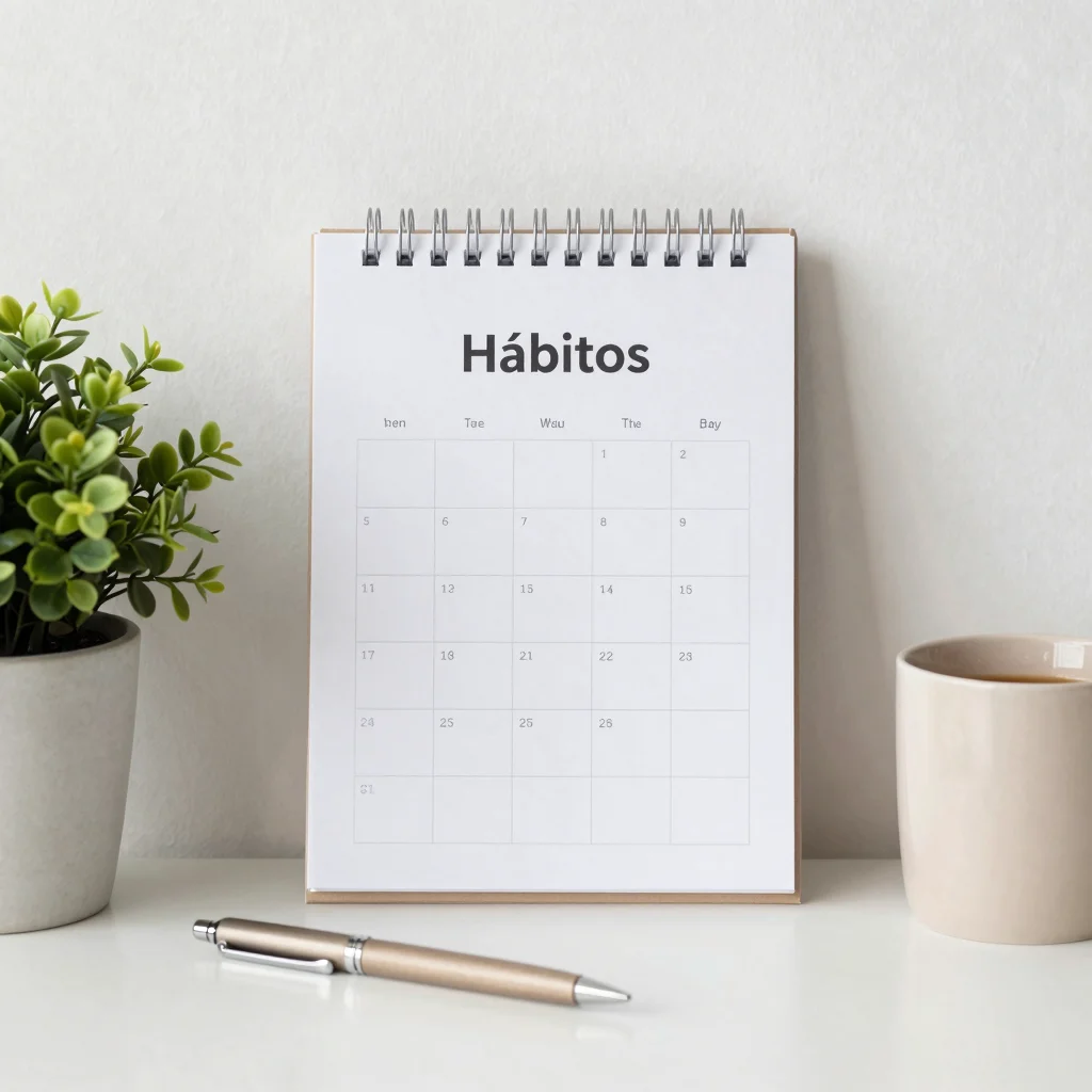 Calendario de hábitos imprimible en un escritorio minimalista con bolígrafo y planta.