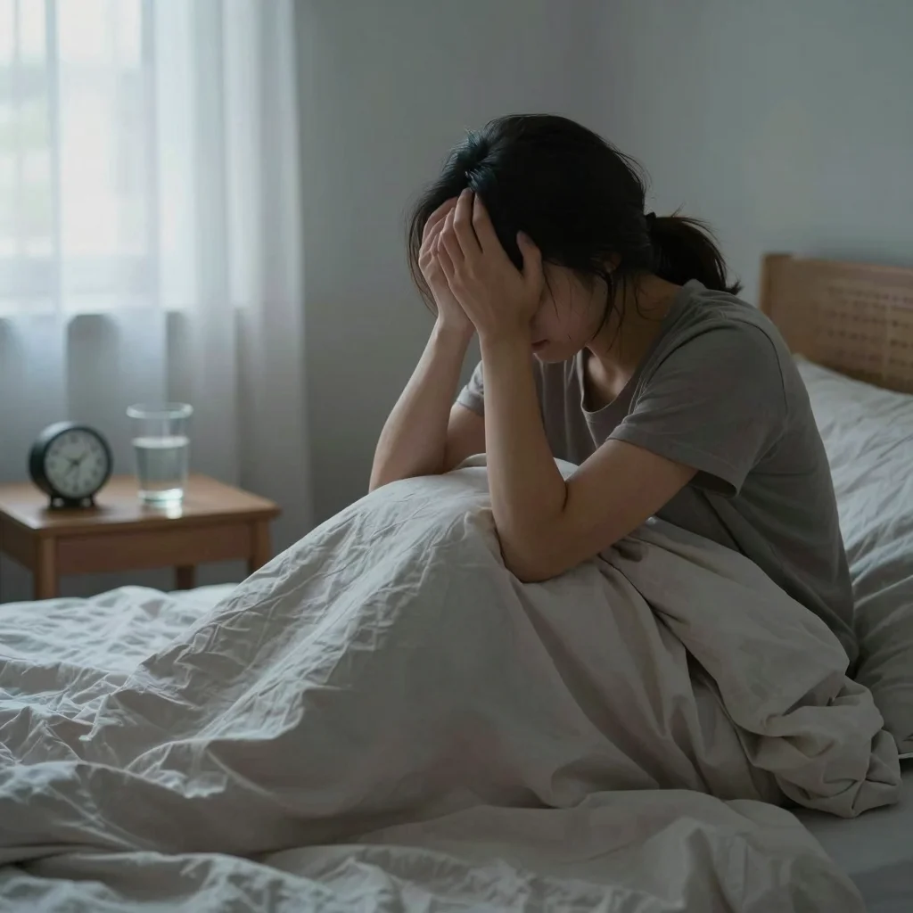 Persona cansada al despertar tras dormir 8 horas en una habitación tranquila.