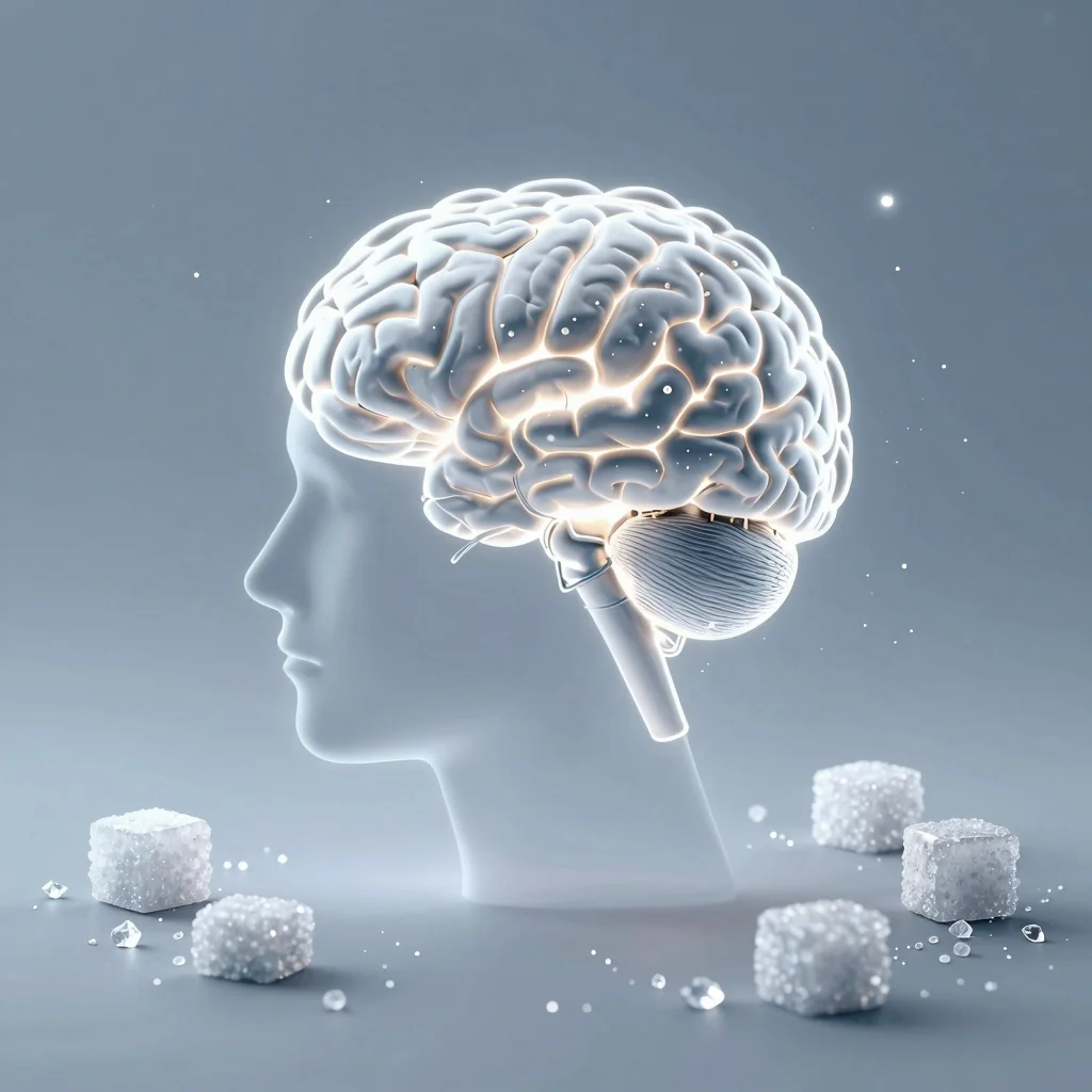 Cerebro rodeado de cubos de azúcar que ilustra cómo el azúcar afecta al foco mental