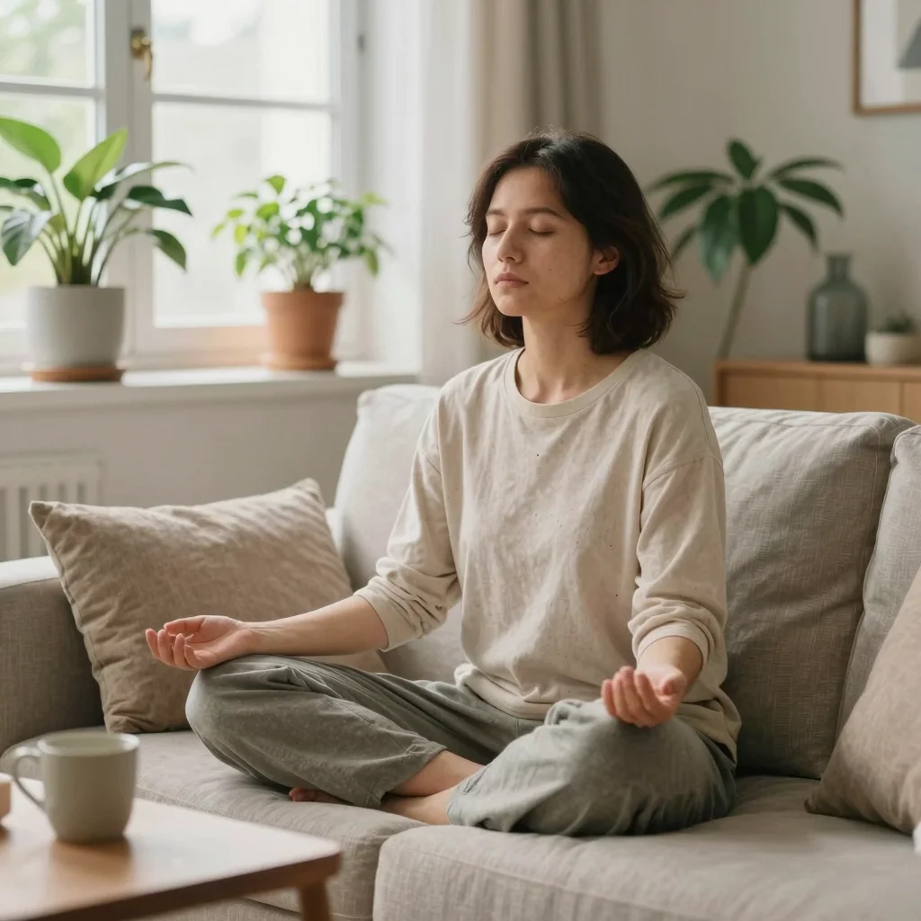 Persona practicando respiración consciente para controlar la ansiedad en casa en un salón tranquilo