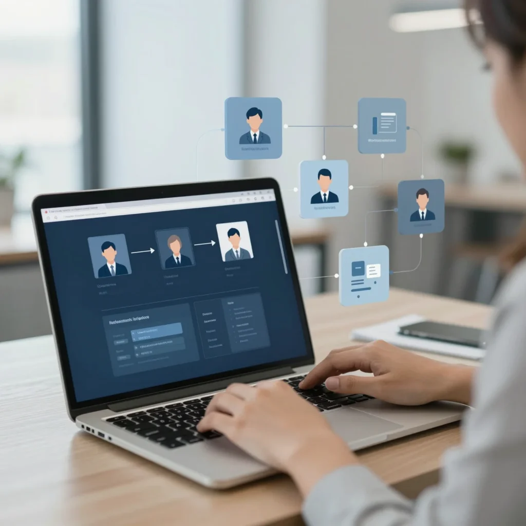 Profesional optimizando su marca personal en LinkedIn desde un portátil en una oficina moderna