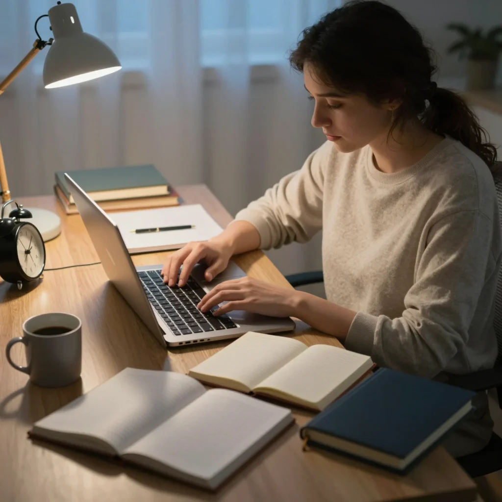 Persona que logra estudiar oposiciones trabajando con portátil, apuntes y agenda en un escritorio nocturno