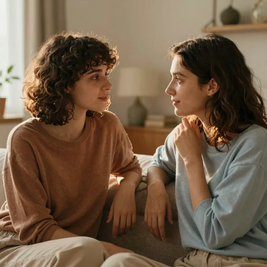 Dos personas dialogan con empatía para mejorar la comunicación emocional en un ambiente cálido