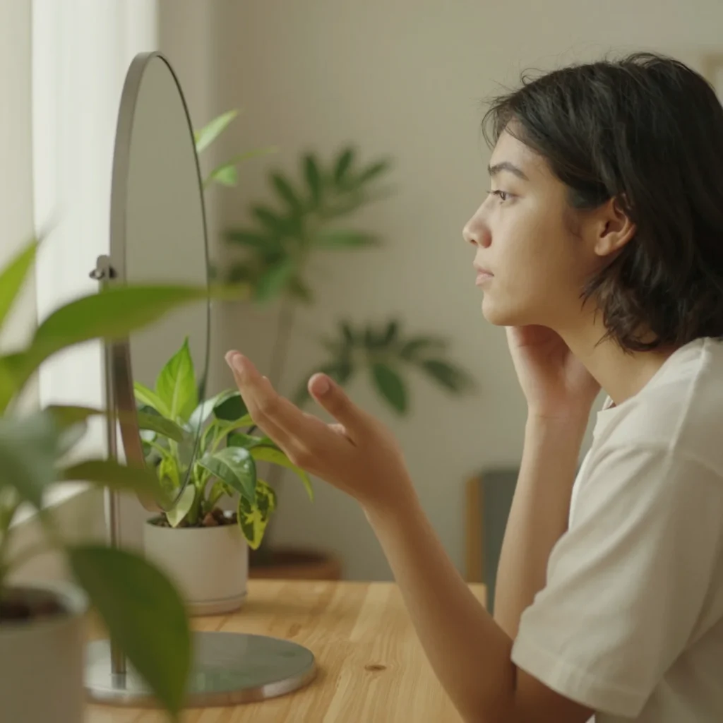Persona mirándose al espejo con serenidad como símbolo de mejorar la autoestima.