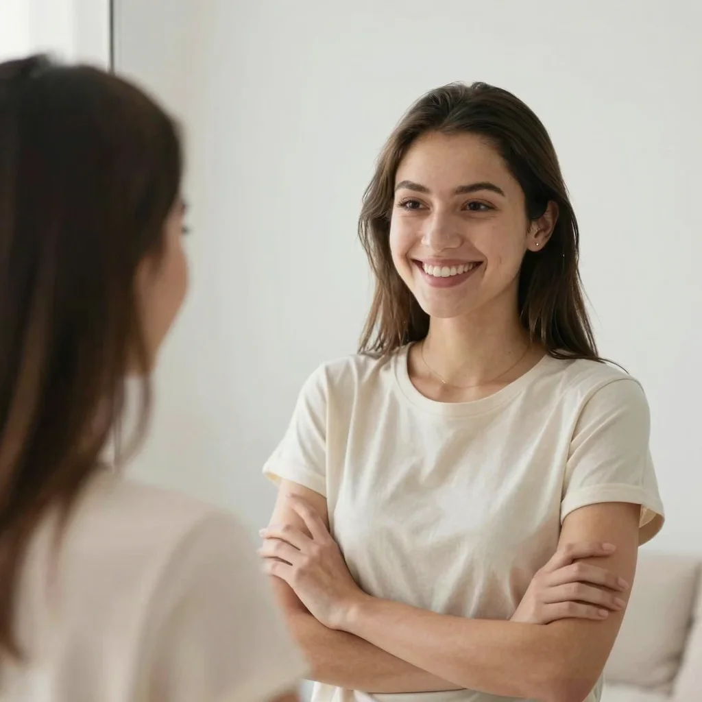 Persona sonriendo frente al espejo como símbolo de mejorar tu autoestima rápido.