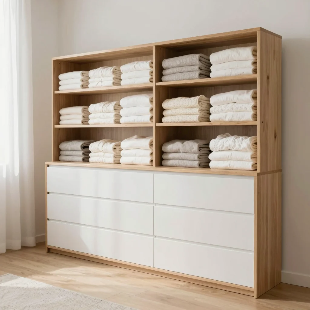 Casa ordenada con método KonMari, ropa doblada y objetos organizados en un ambiente luminoso y minimalista.