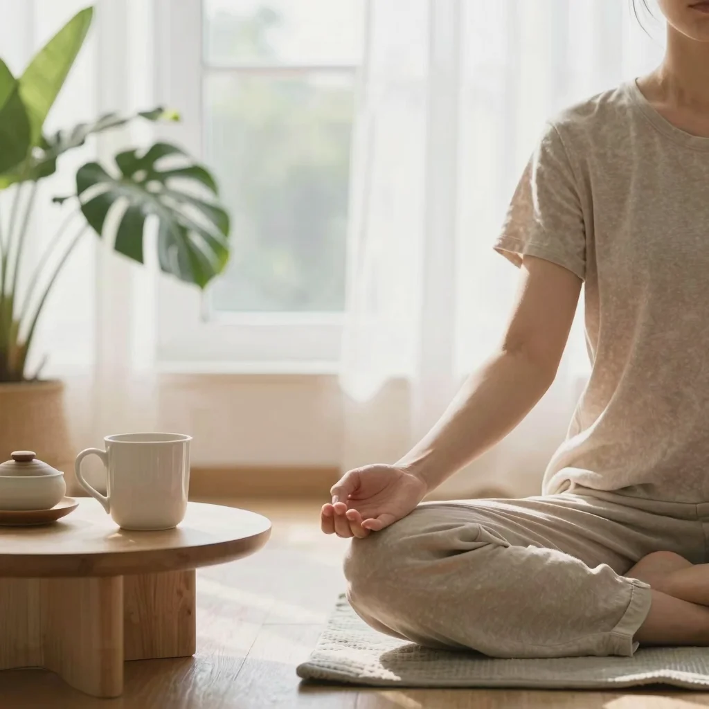 Persona meditando en casa junto a una ventana para superar el estrés diario