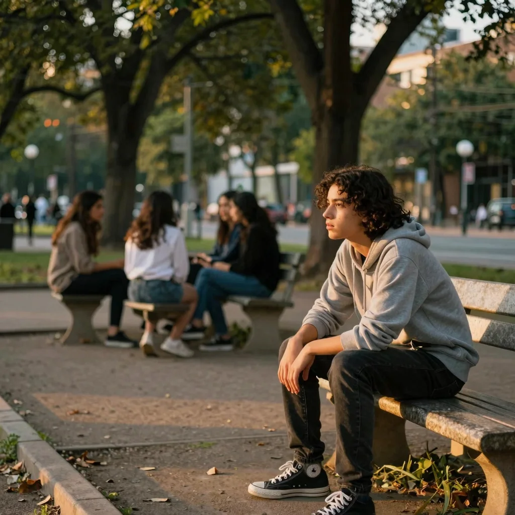 Persona reflexiva aprendiendo a superar el miedo al rechazo social en un parque urbano.