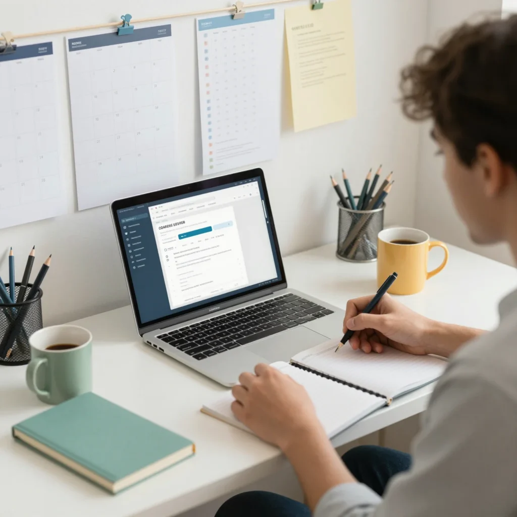 Universitario organizando apuntes y tareas en Notion desde su portátil en un escritorio de estudio