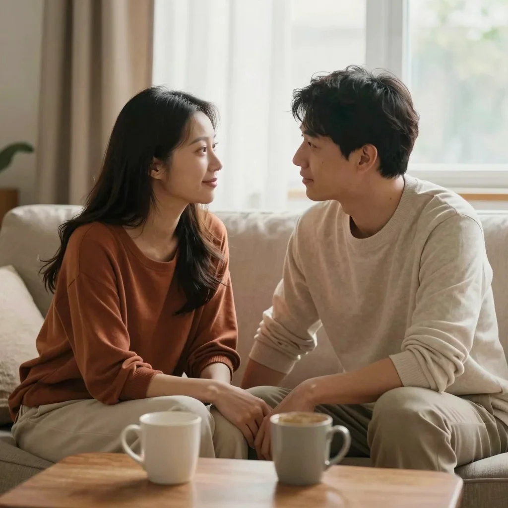 Pareja conversando con calma en casa para afrontar conversaciones difíciles con tu pareja