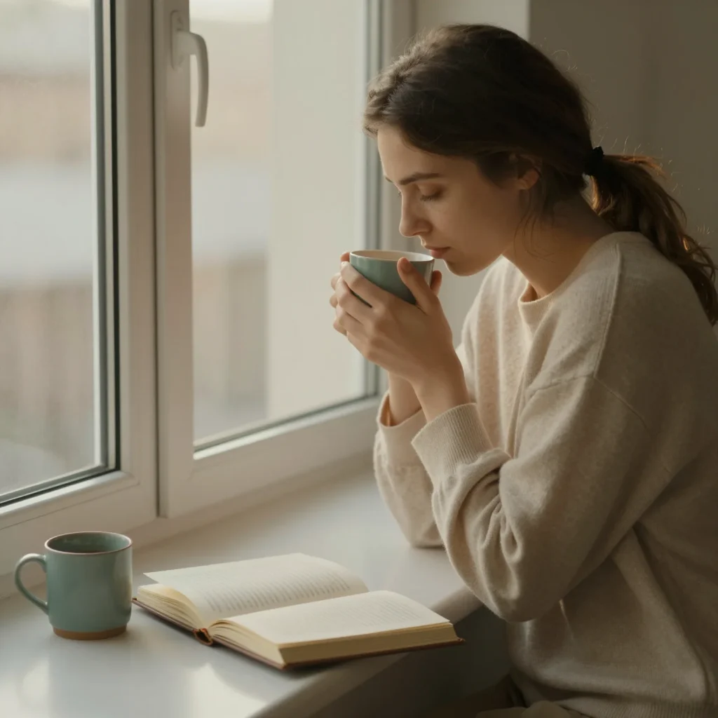 Persona en calma junto a un diario para iniciar una dieta mental de 7 días sin quejas