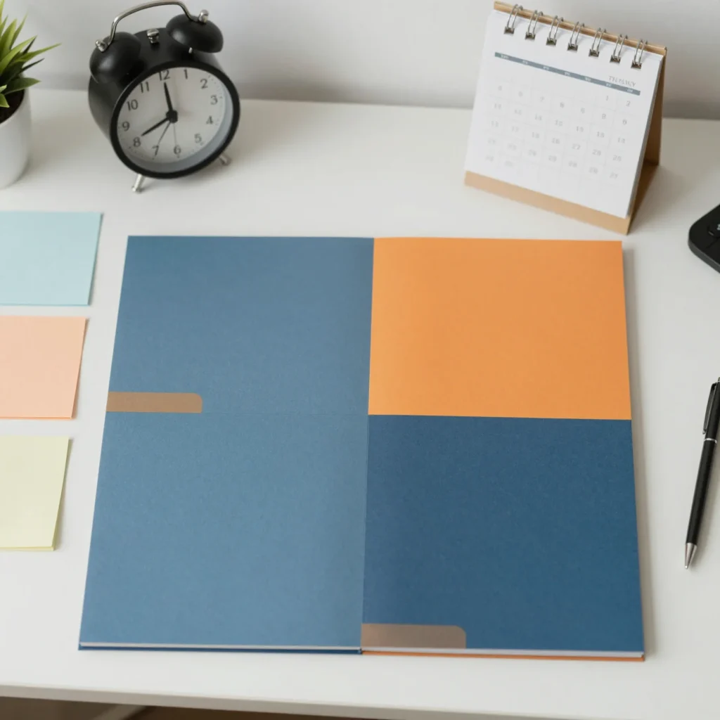 Matriz urgente e importante en un escritorio para priorizar tareas con reloj y calendario.