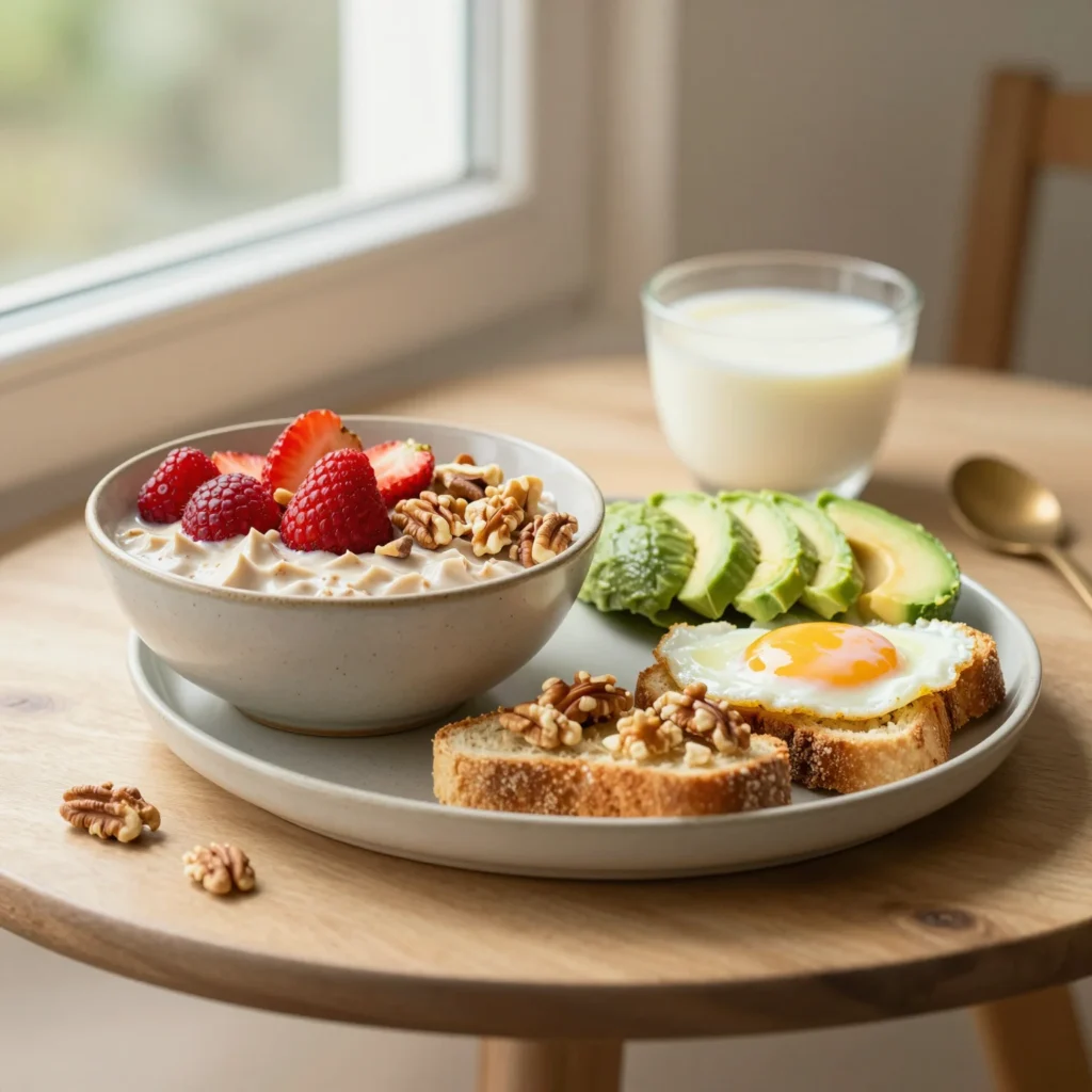 Desayunos que dan energía sostenida con avena, fruta, frutos secos y tostadas integrales