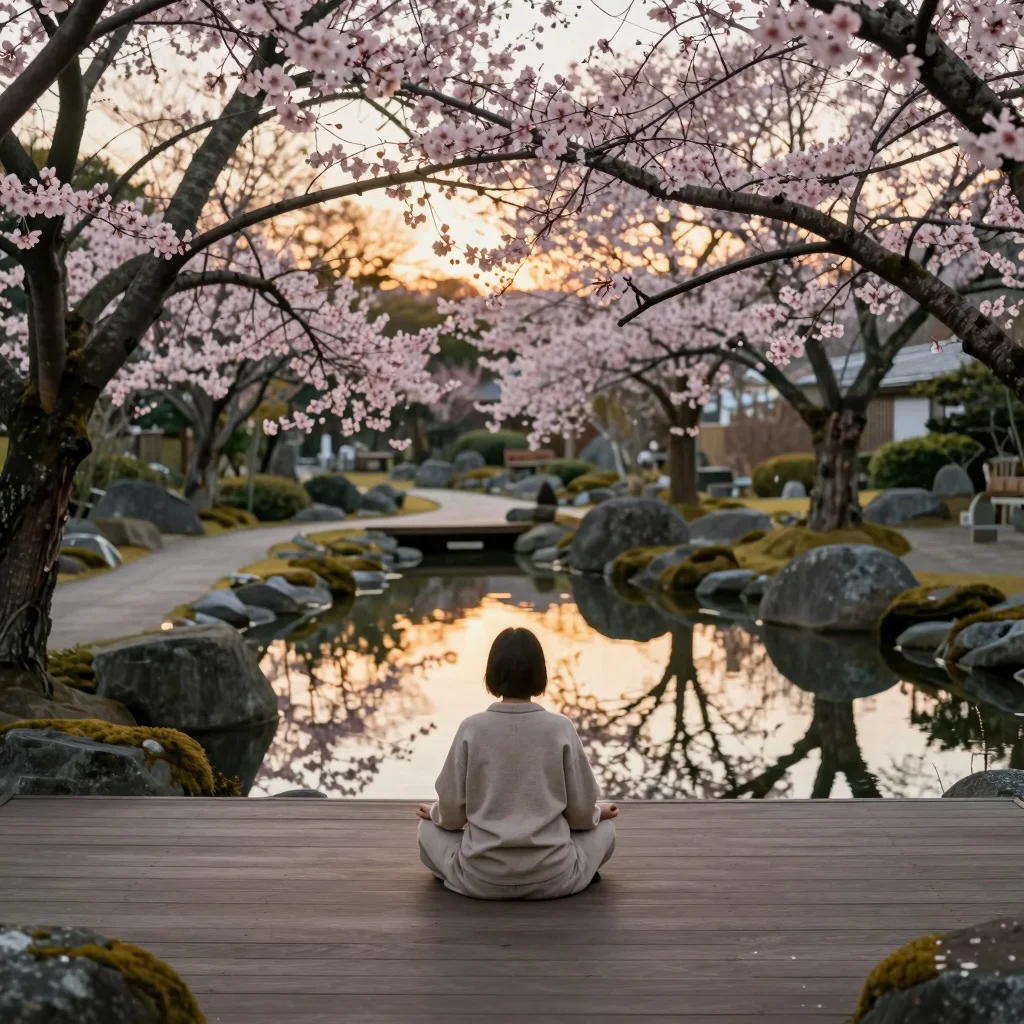 Persona meditando al amanecer en un jardín japonés, símbolo visual del ikigai y la razón de ser