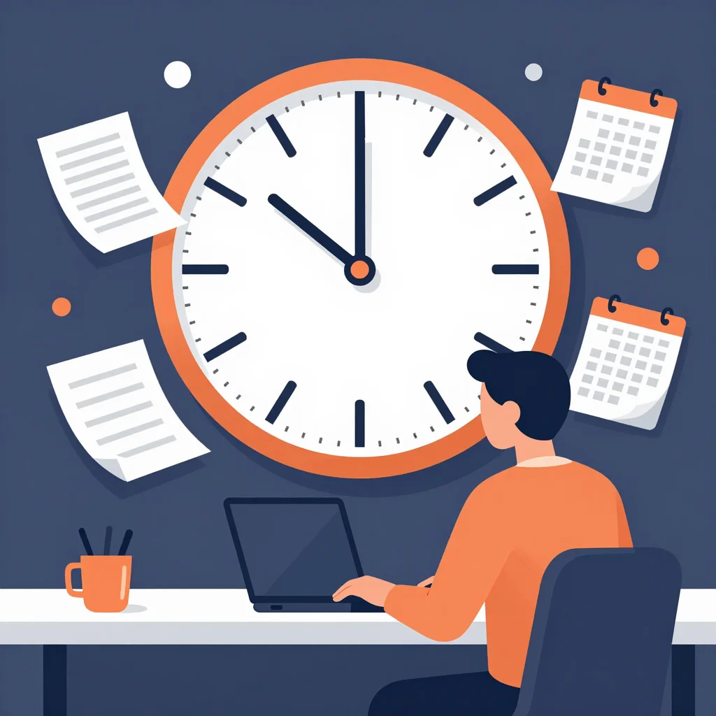 Ilustración de la Ley de Parkinson con reloj y tareas expandiéndose en un escritorio ordenado