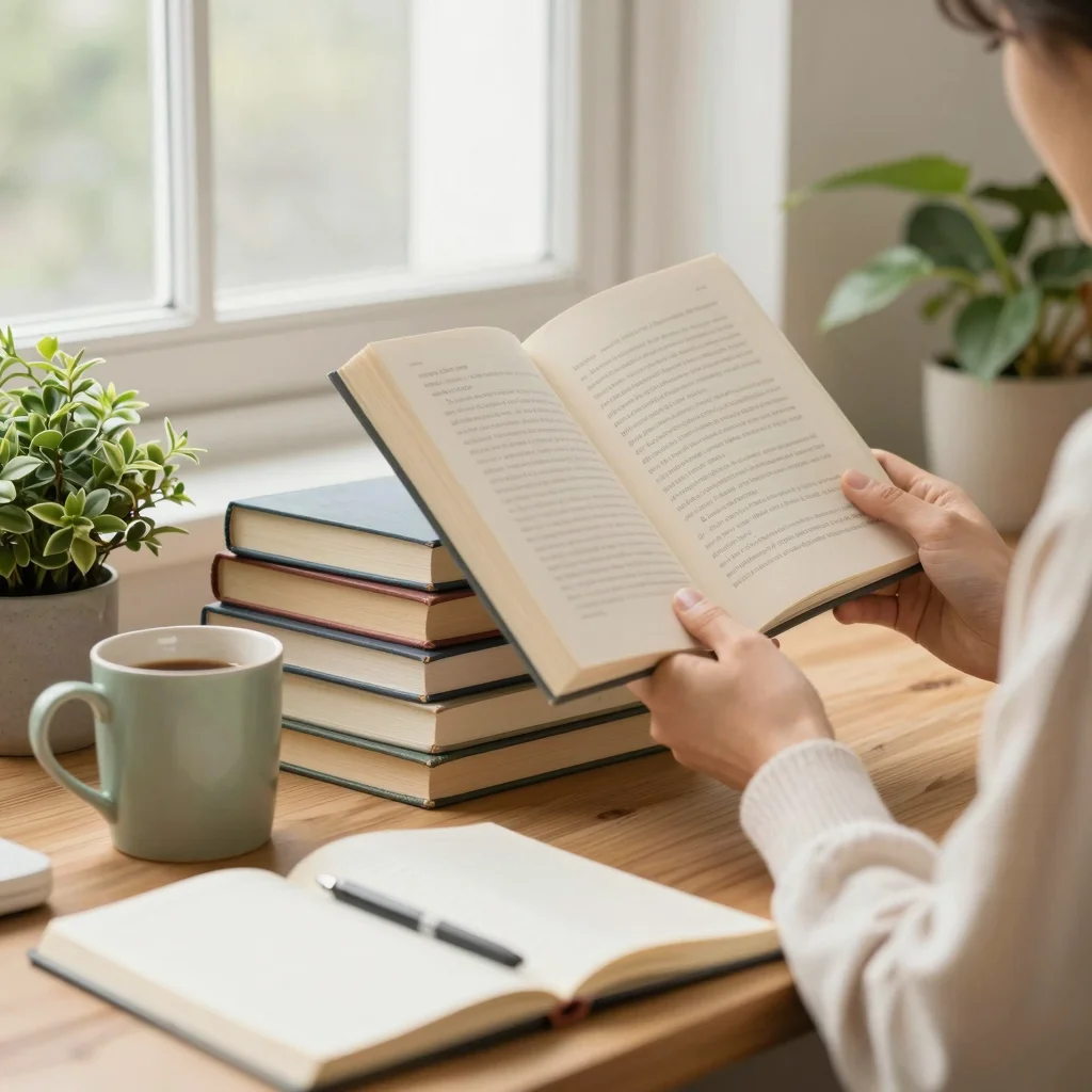 Libros recomendados para crecimiento personal sobre un escritorio cálido con una persona leyendo.