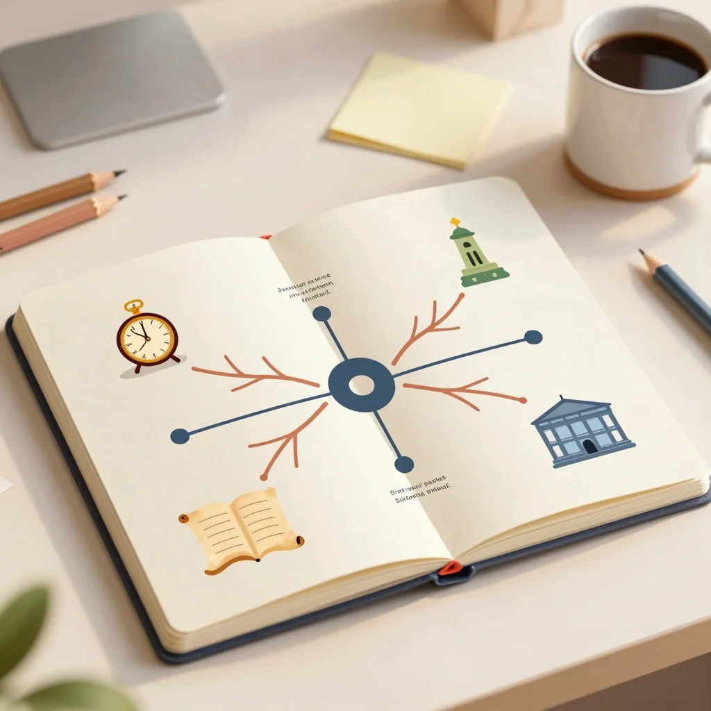 Mapa mental para estudiar historia rápido en un cuaderno con iconos históricos y materiales de estudio.