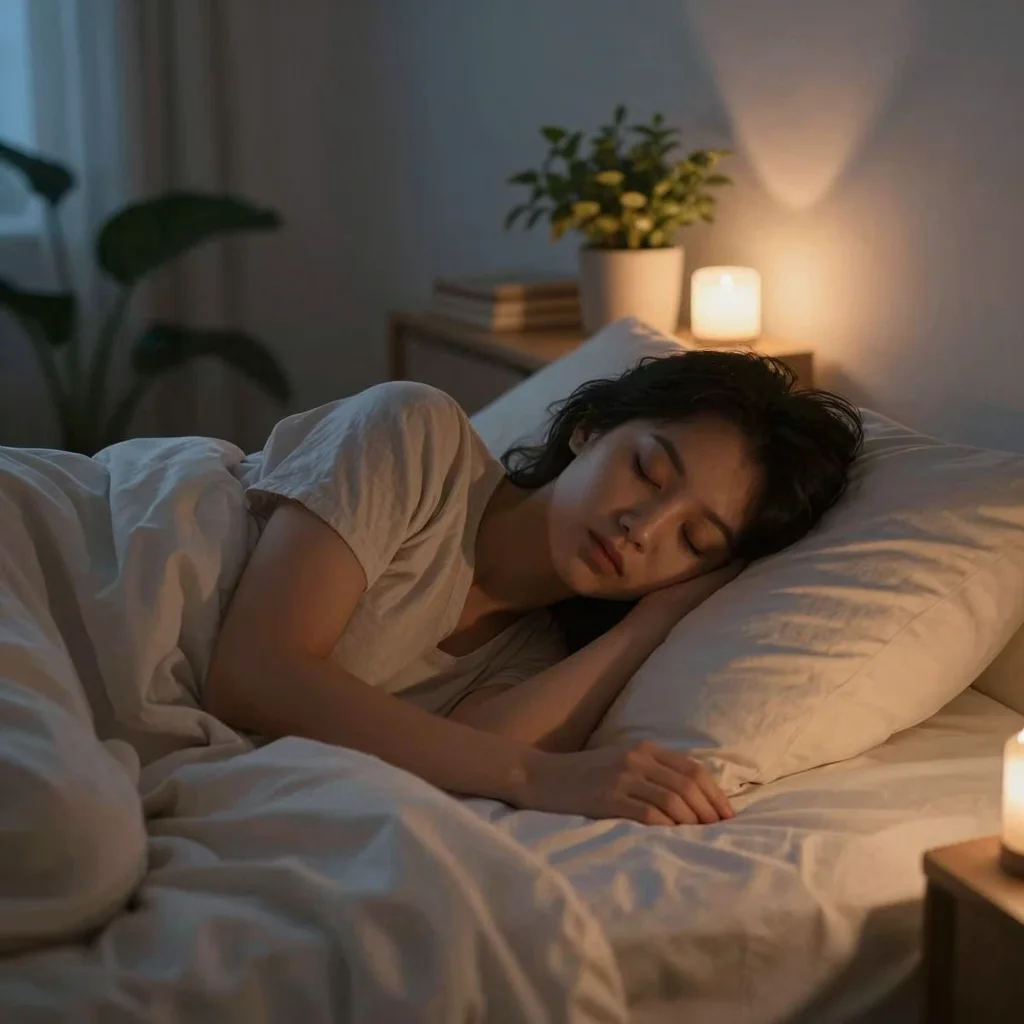 Persona relajada practicando meditación guiada body scan para dormir en un dormitorio sereno