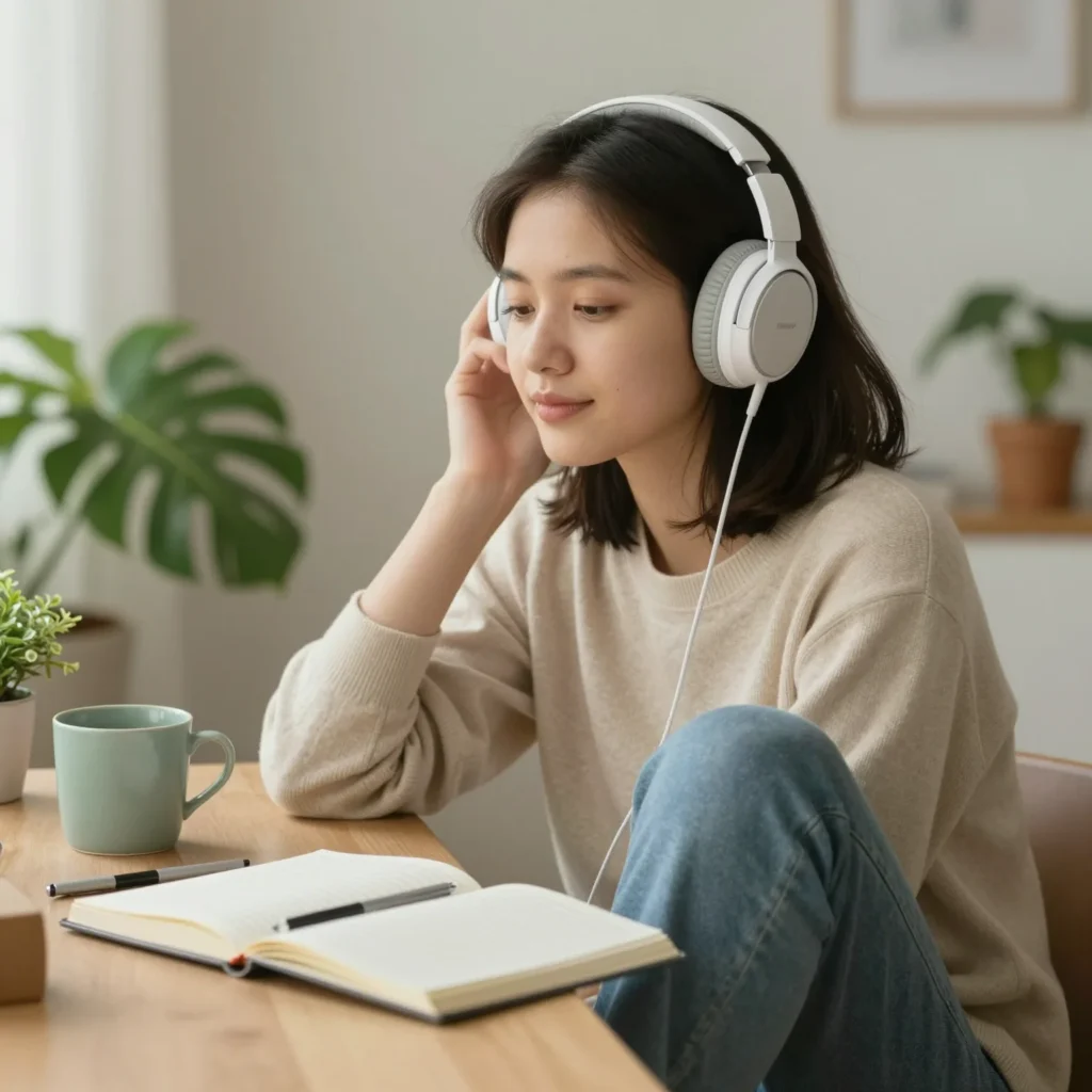 Persona escuchando podcasts de crecimiento personal con auriculares, libreta y ambiente tranquilo.
