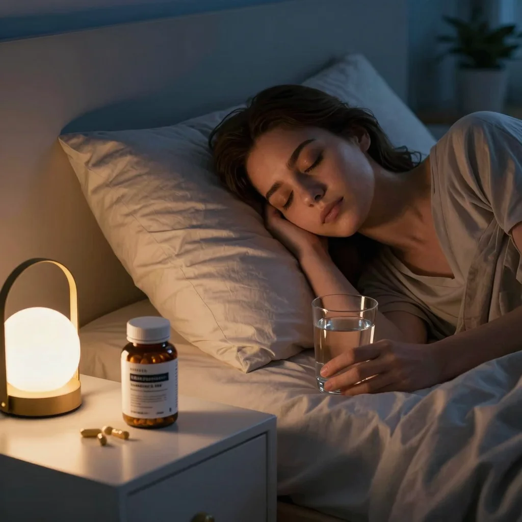 Adulto descansando de noche junto a melatonina, agua y luz tenue en una rutina de sueño saludable