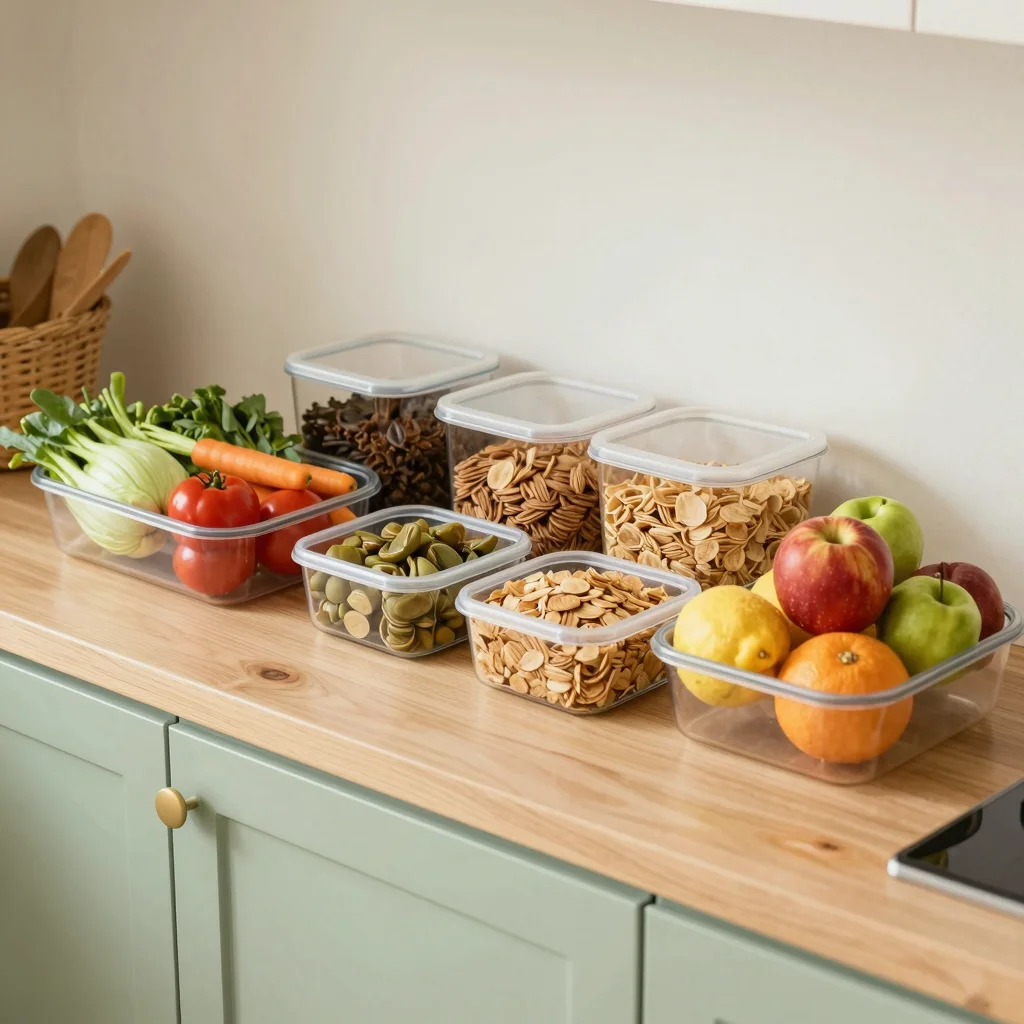 Menú semanal fácil con recipientes de comida preparada y verduras frescas sobre una mesa de cocina