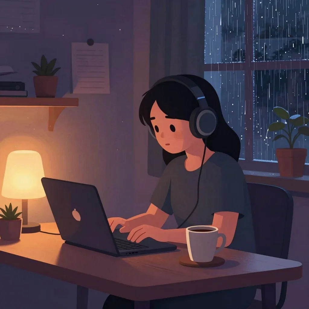 Escritorio acogedor con auriculares y laptop para escuchar música lofi hip hop mientras se trabaja concentrado
