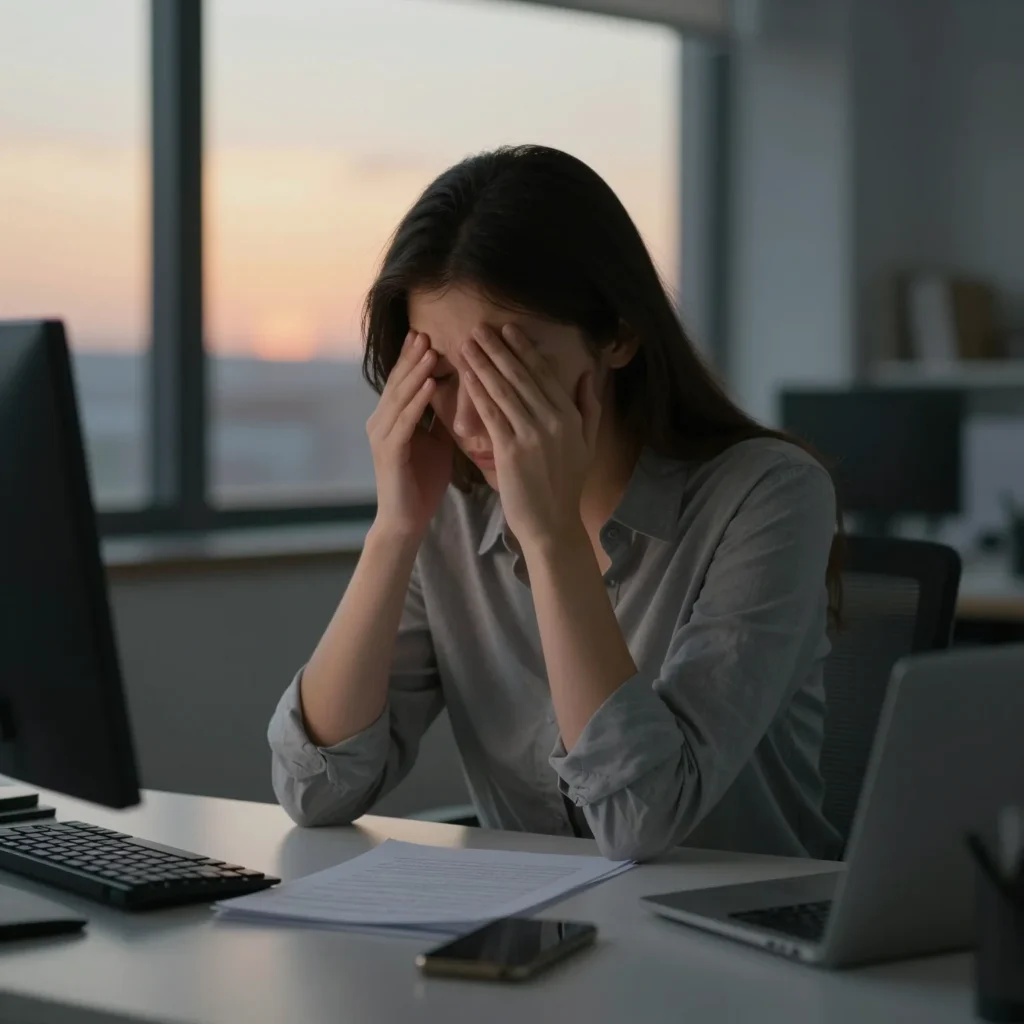 Persona agobiada en oficina, reflejando qué hacer si odio mi trabajo y necesito dinero