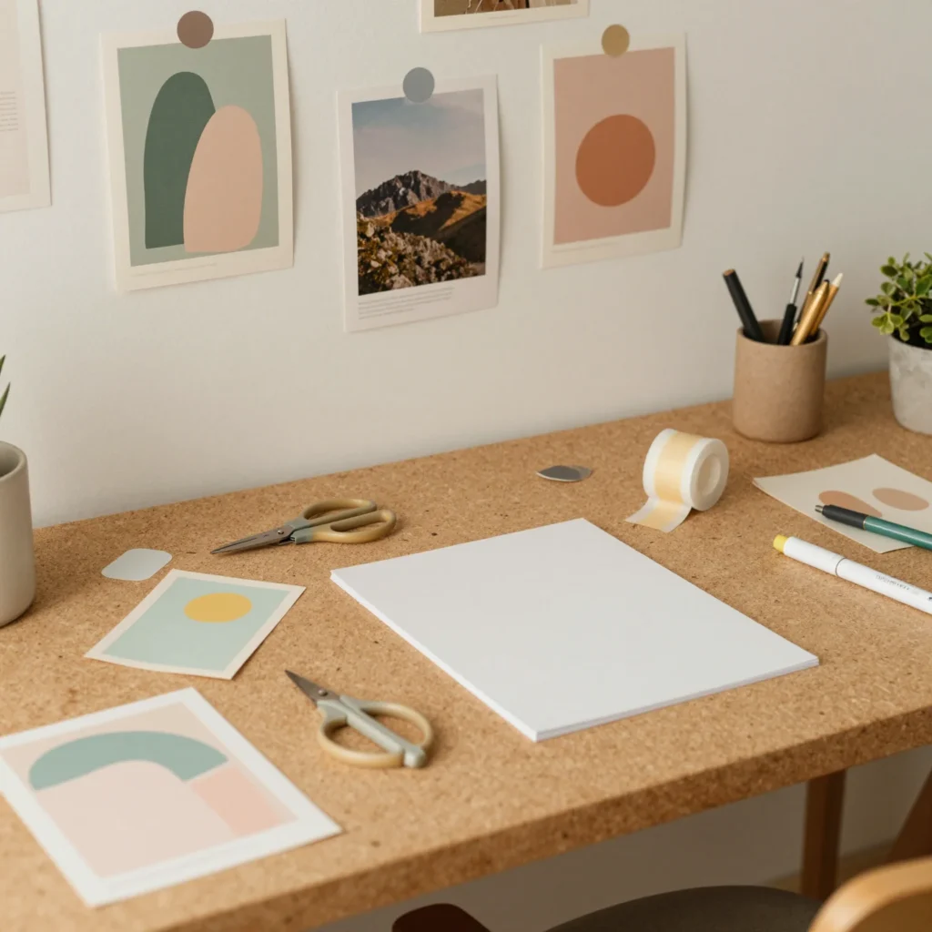 Mesa creativa con materiales para crear un tablero de visión inspirador y organizado.