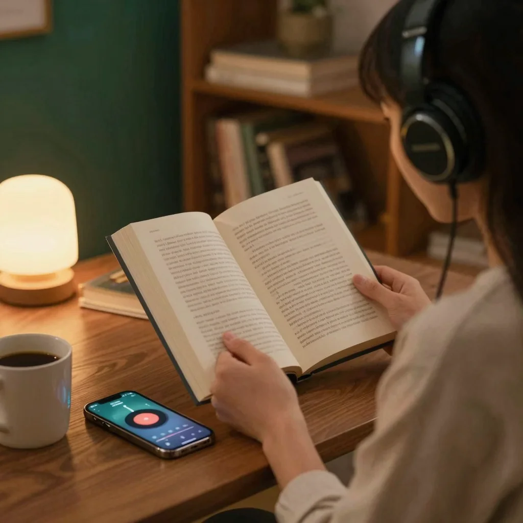 Persona leyendo con auriculares y una playlist Spotify para lectura profunda en ambiente tranquilo