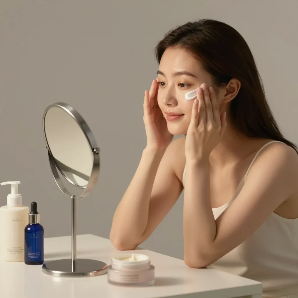 Mujer aplicando productos de skincare coreana de noche en un baño minimalista y luminoso