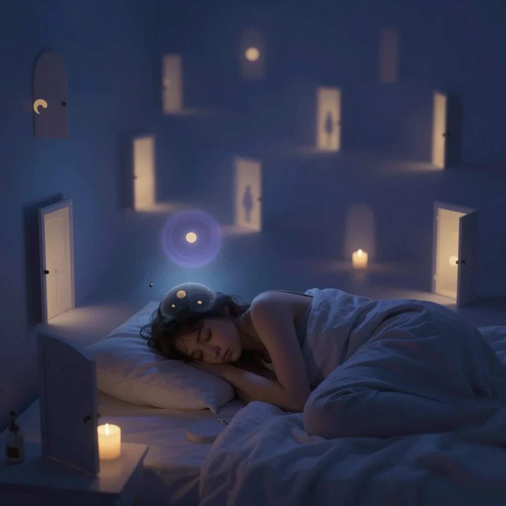 Persona dormida con símbolos oníricos que evocan el significado de sueños recurrentes.
