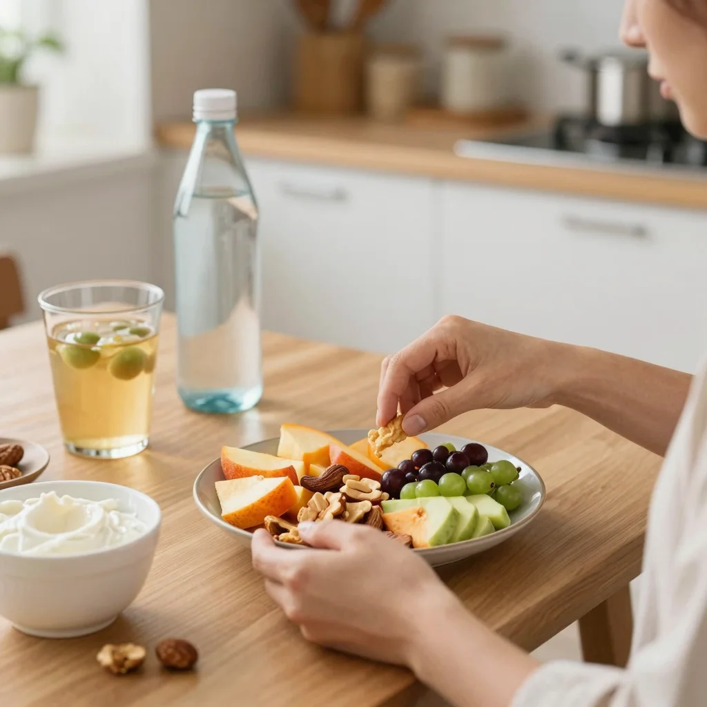 Bol de frutos secos y fruta para calmar la ansiedad por comer con snacks saludables