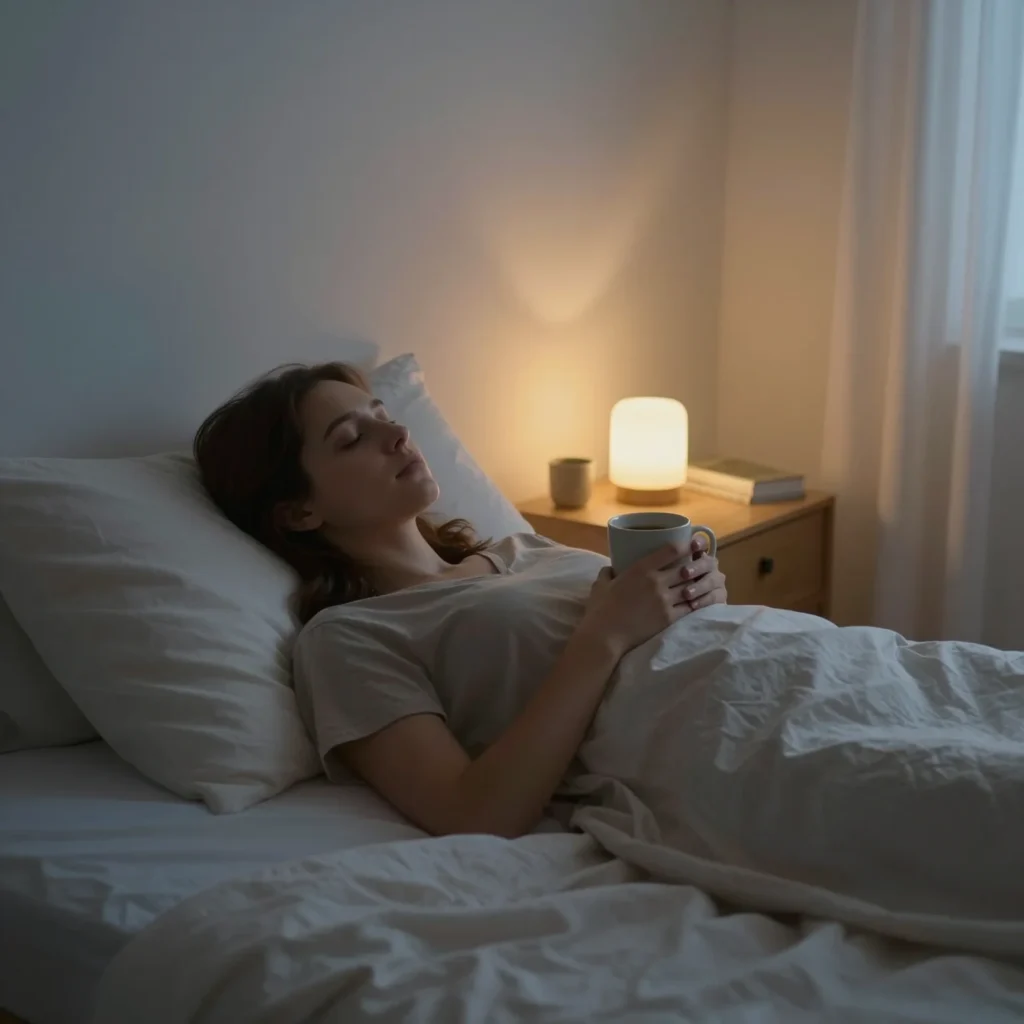 Persona practicando técnicas de relajación nocturna en un dormitorio tranquilo antes de dormir.