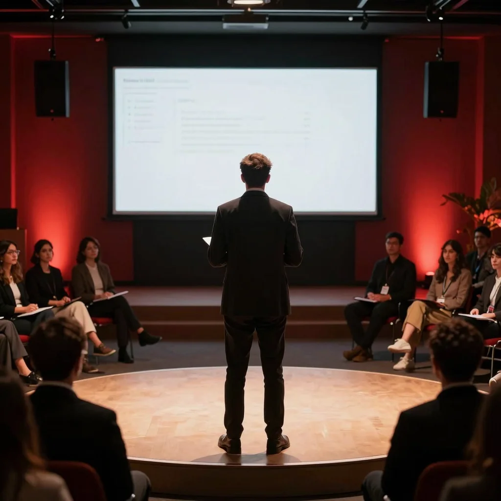 Ponente inspirador en un escenario tipo TED Talks sobre liderazgo ante una audiencia atenta