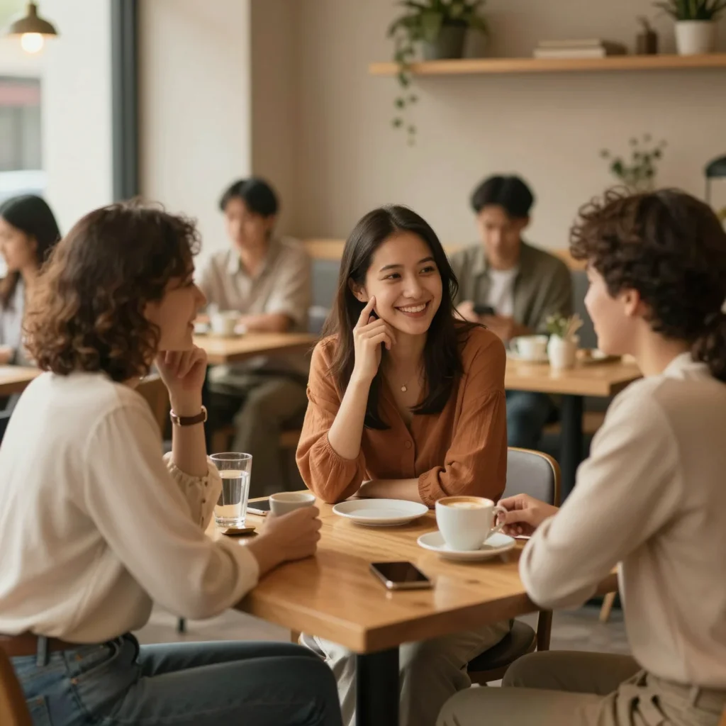 Personas conversan con sonrisas y gestos abiertos, evocando trucos psicológicos para caerle bien.