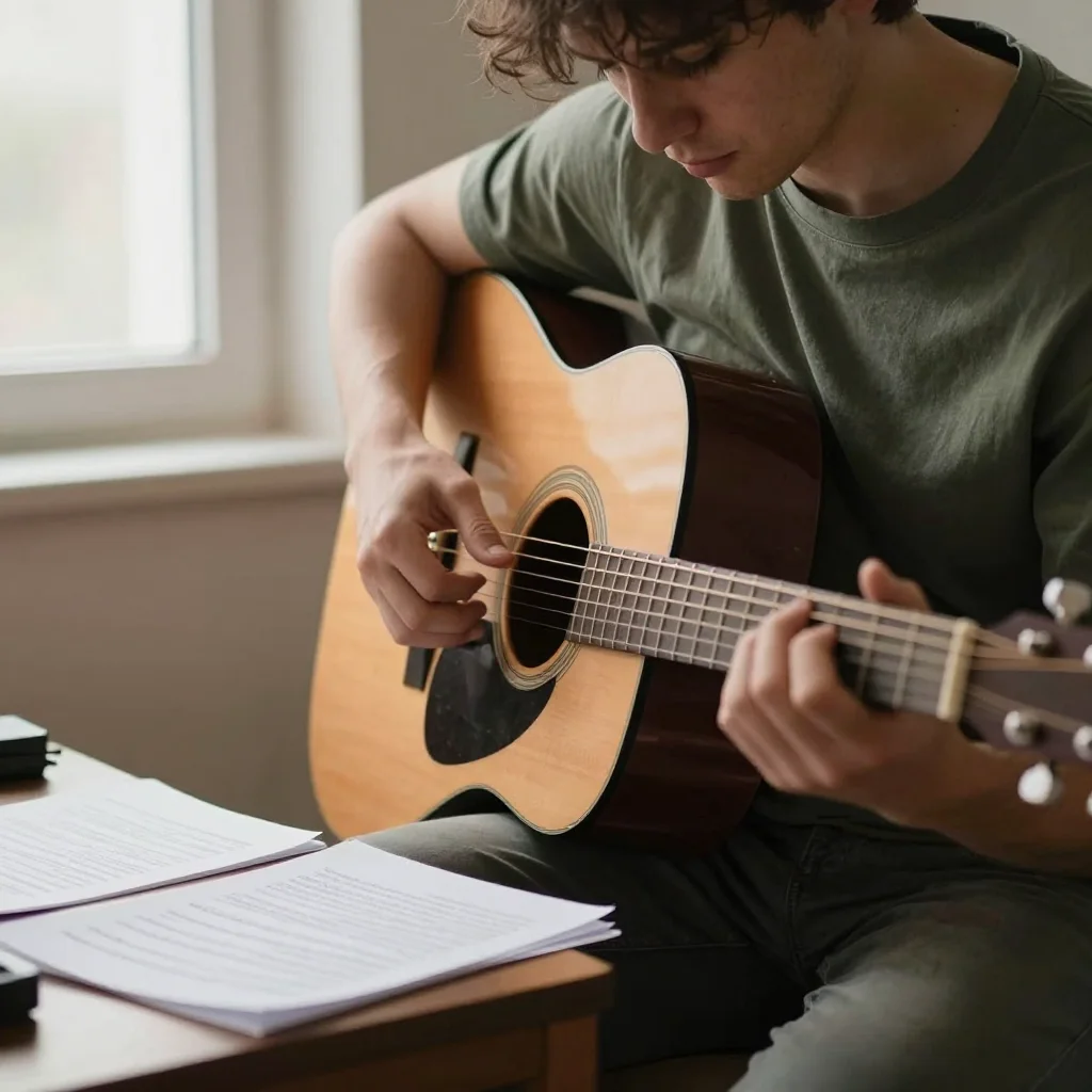 Adulto aprendiendo a tocar un instrumento en casa con una guitarra acústica y luz natural.