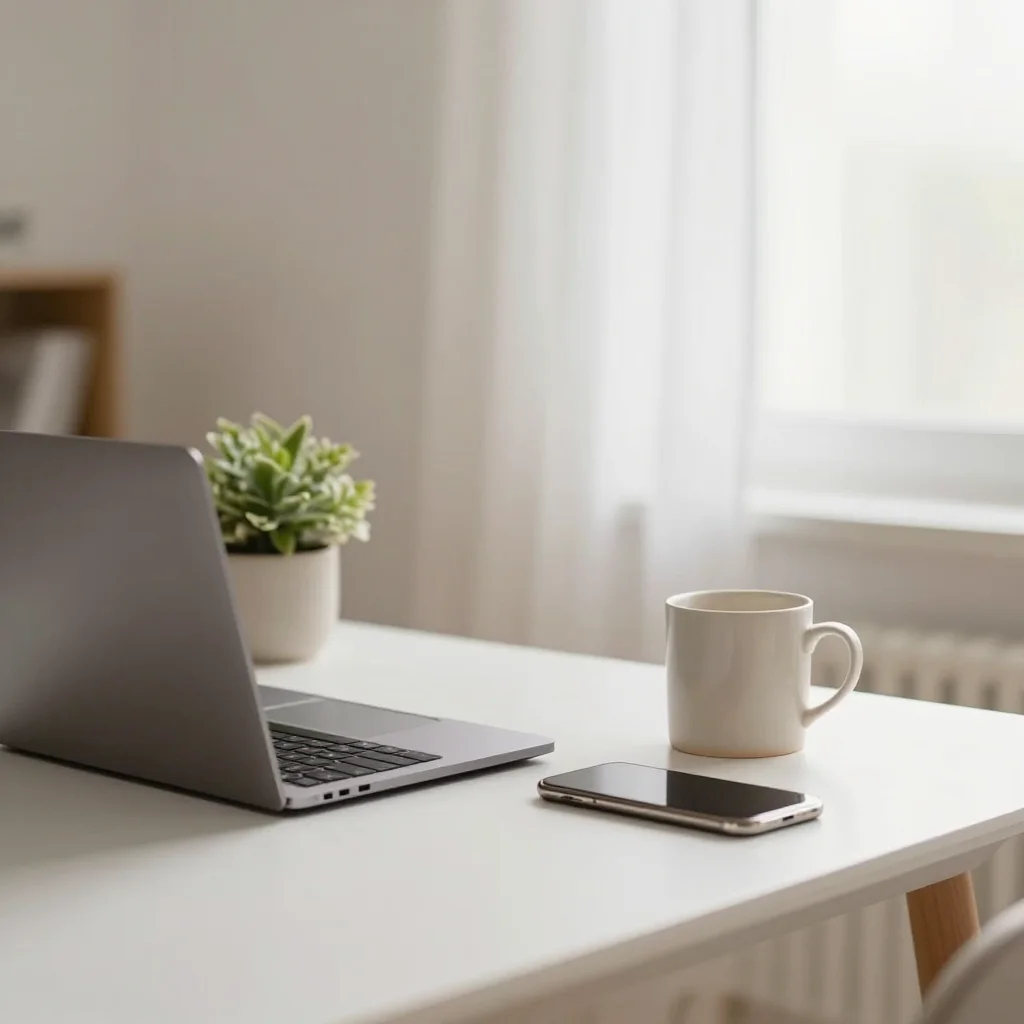 Escritorio ordenado que simboliza los beneficios del minimalismo digital y la desconexión consciente.
