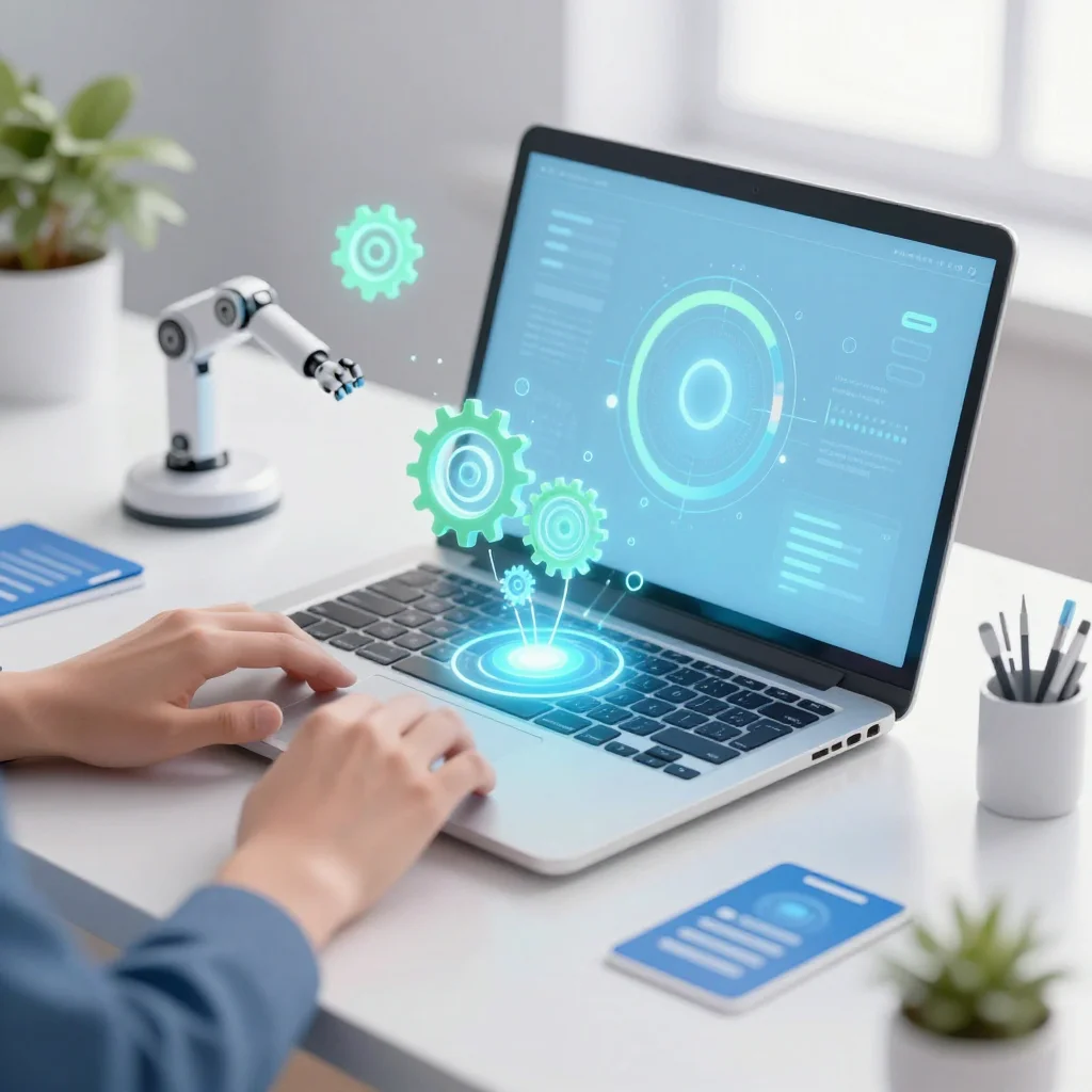 Persona usando flujos digitales para automatizar tareas repetitivas diarias en un escritorio moderno