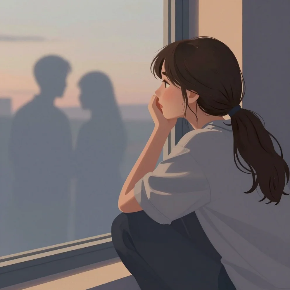 Persona reflexiva junto a una ventana para representar cómo controlar celos retrospectivos.