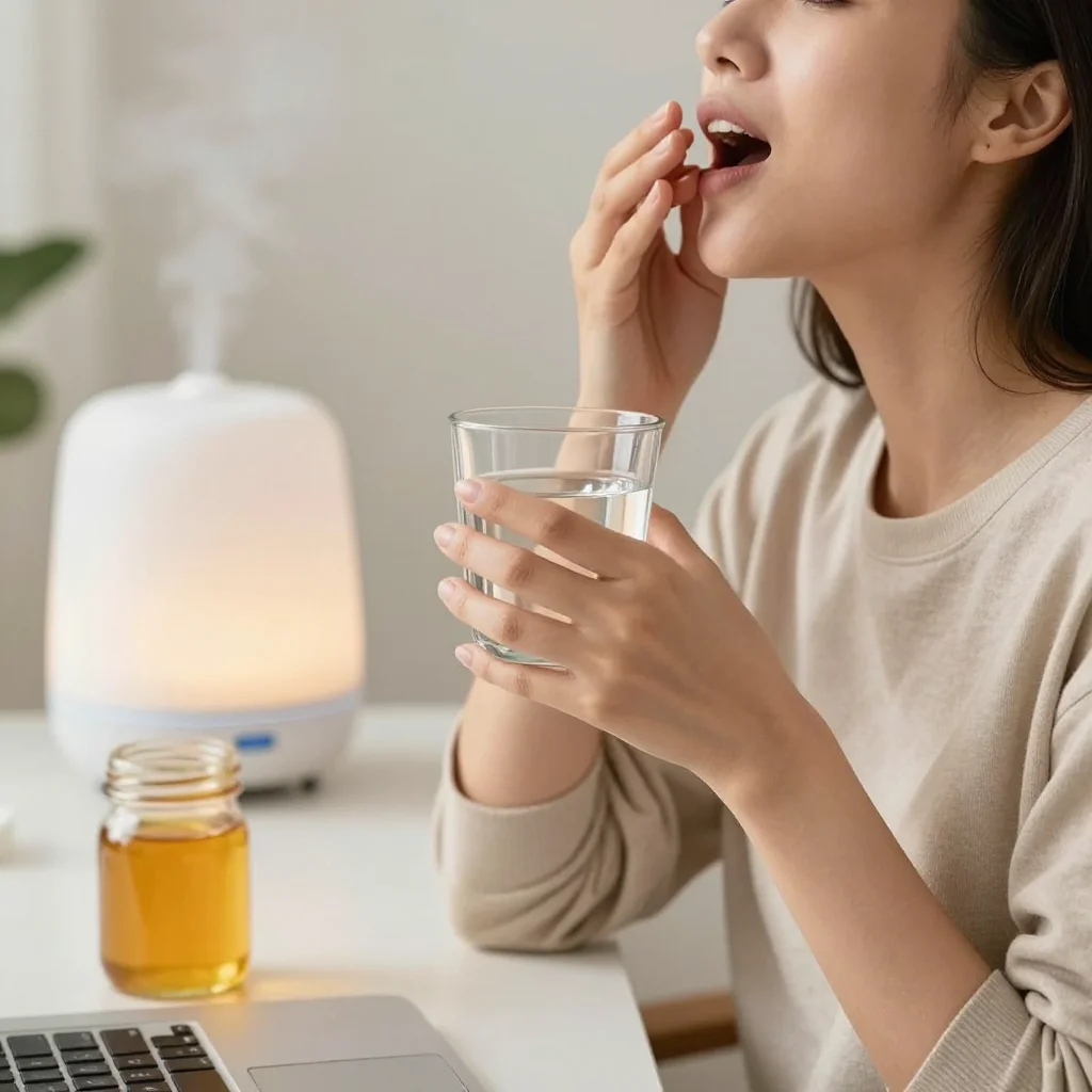 Persona con agua tibia y humidificador para cuidar la voz si habla mucho a diario.