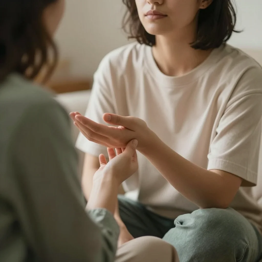 Persona tranquila marcando límites para decirle no sin sentir culpa en una conversación cercana