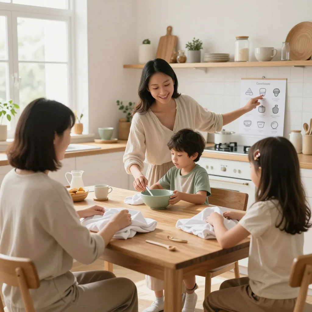 Familia organizada para delegar tareas del hogar en una cocina luminosa y ordenada.