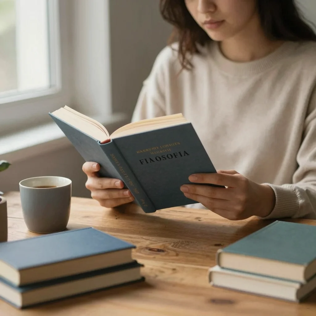 Persona leyendo filosofía fácil en un espacio tranquilo con libros y luz cálida.
