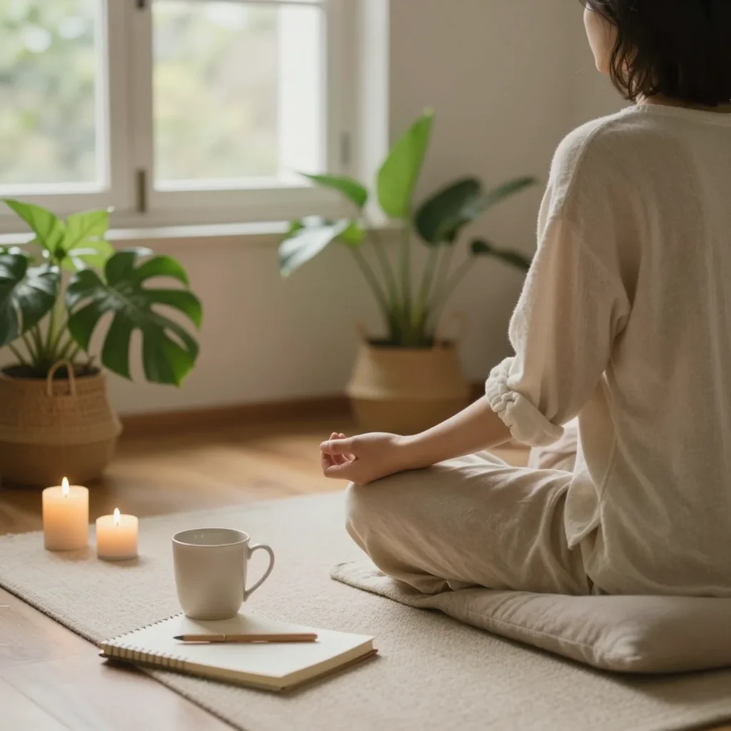 Persona meditando en casa en un ambiente sereno para un retiro espiritual en casa