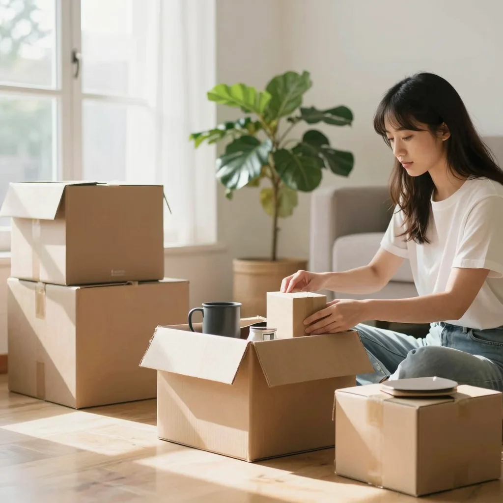 Mudanza sin estrés con cajas ordenadas, una persona tranquila y un hogar luminoso listo para el cambio